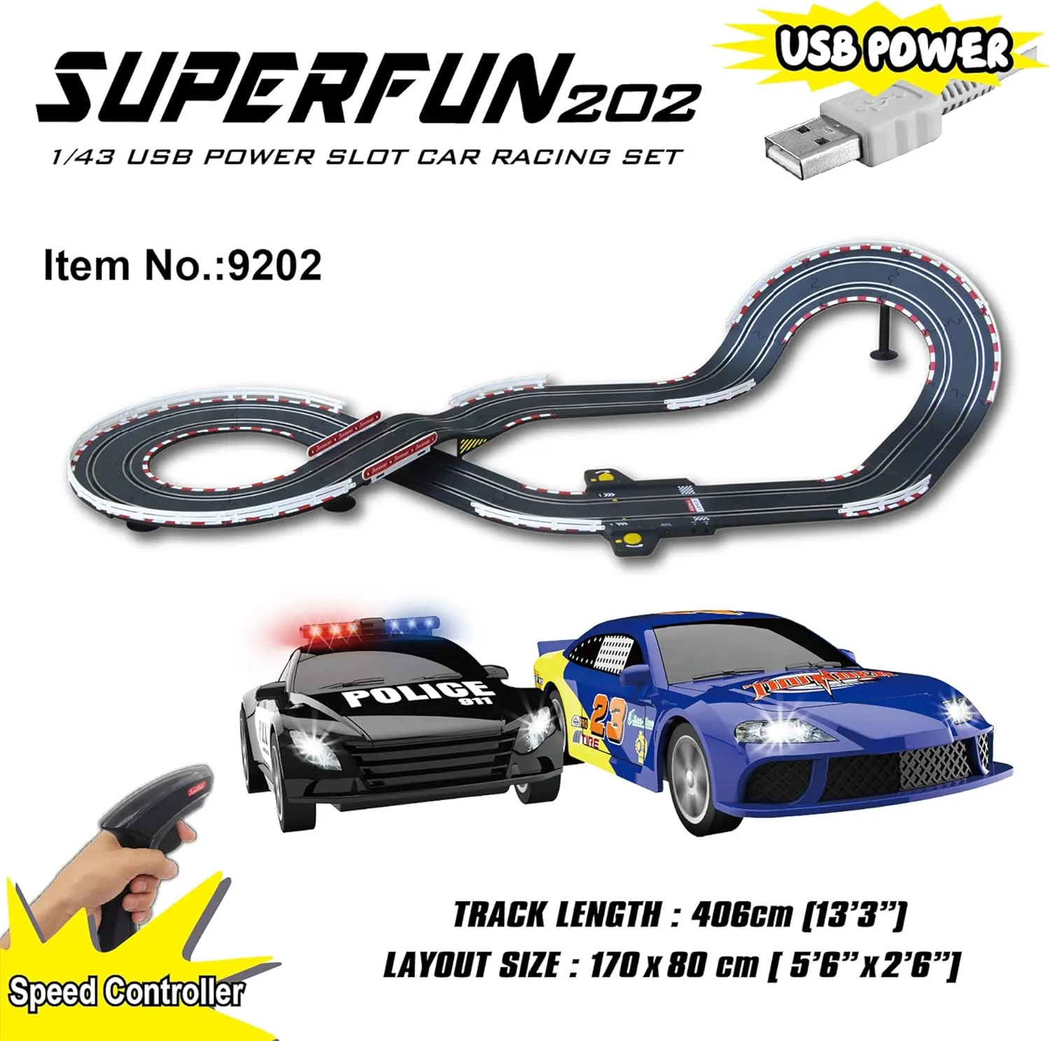 SuperFun 202-1/43 USB Power Slot Car Racing Set, Layout Size: 66"x30", LED Headlights, Lap Counter, Ages 8 