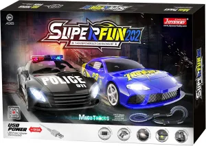 SuperFun 202-1/43 USB Power Slot Car Racing Set, Layout Size: 66"x30", LED Headlights, Lap Counter, Ages 8 