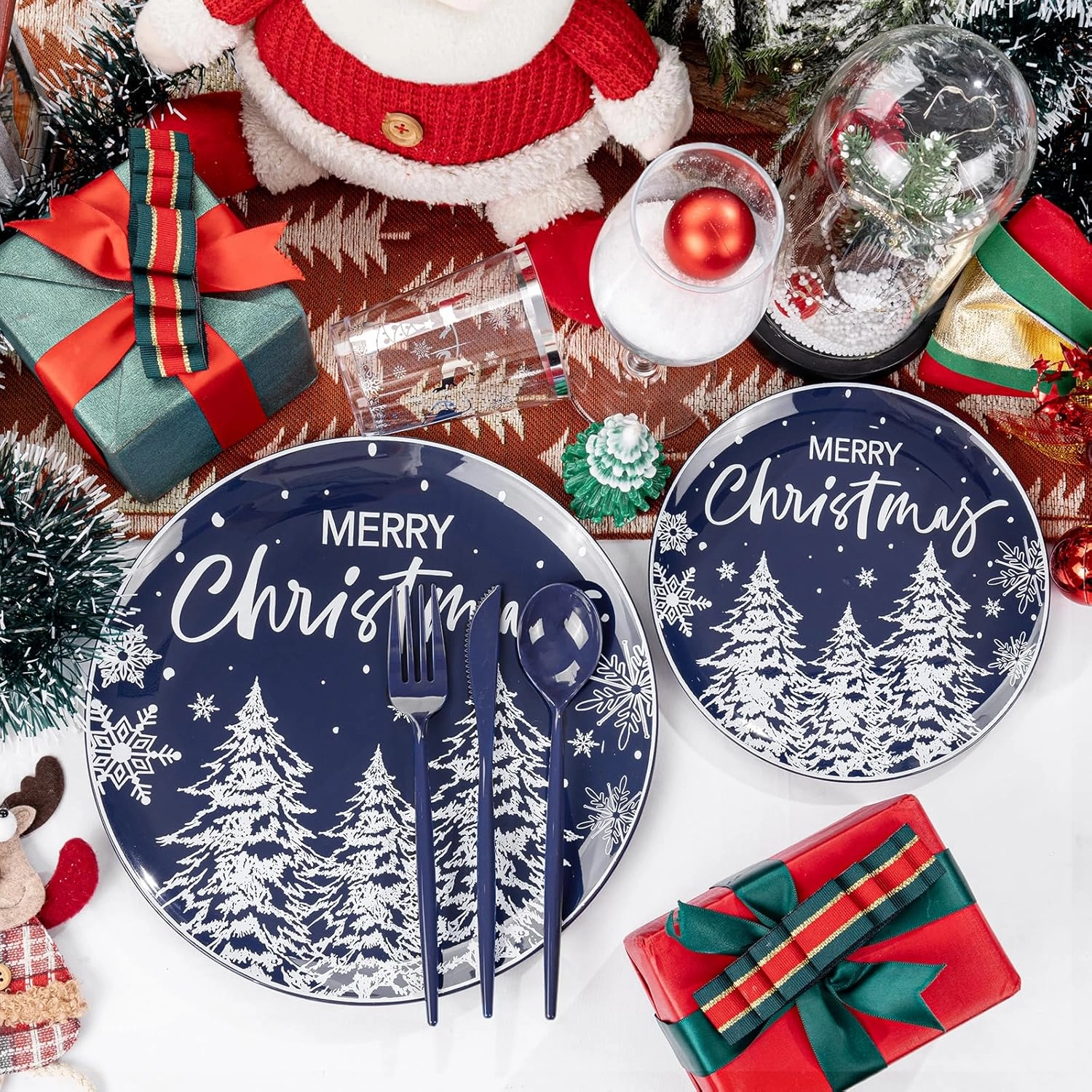 Supernal 150pcs Christmas Dinnerware Set - Blue and White Plates With Trees Design, Blue Silverware, Santa and Moose Silver Cups for New Year