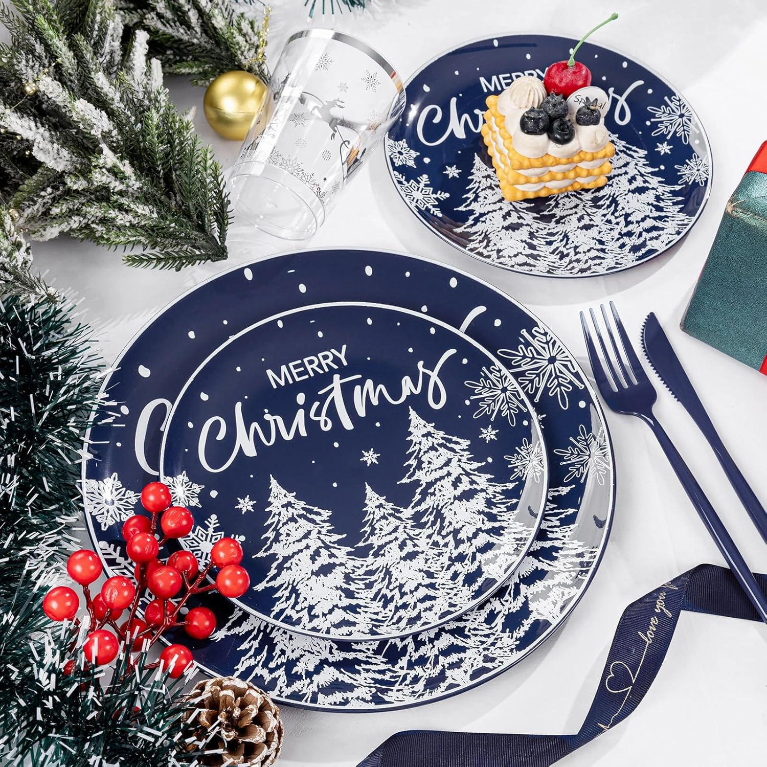 Supernal 150pcs Christmas Dinnerware Set - Blue and White Plates With Trees Design, Blue Silverware, Santa and Moose Silver Cups for New Year