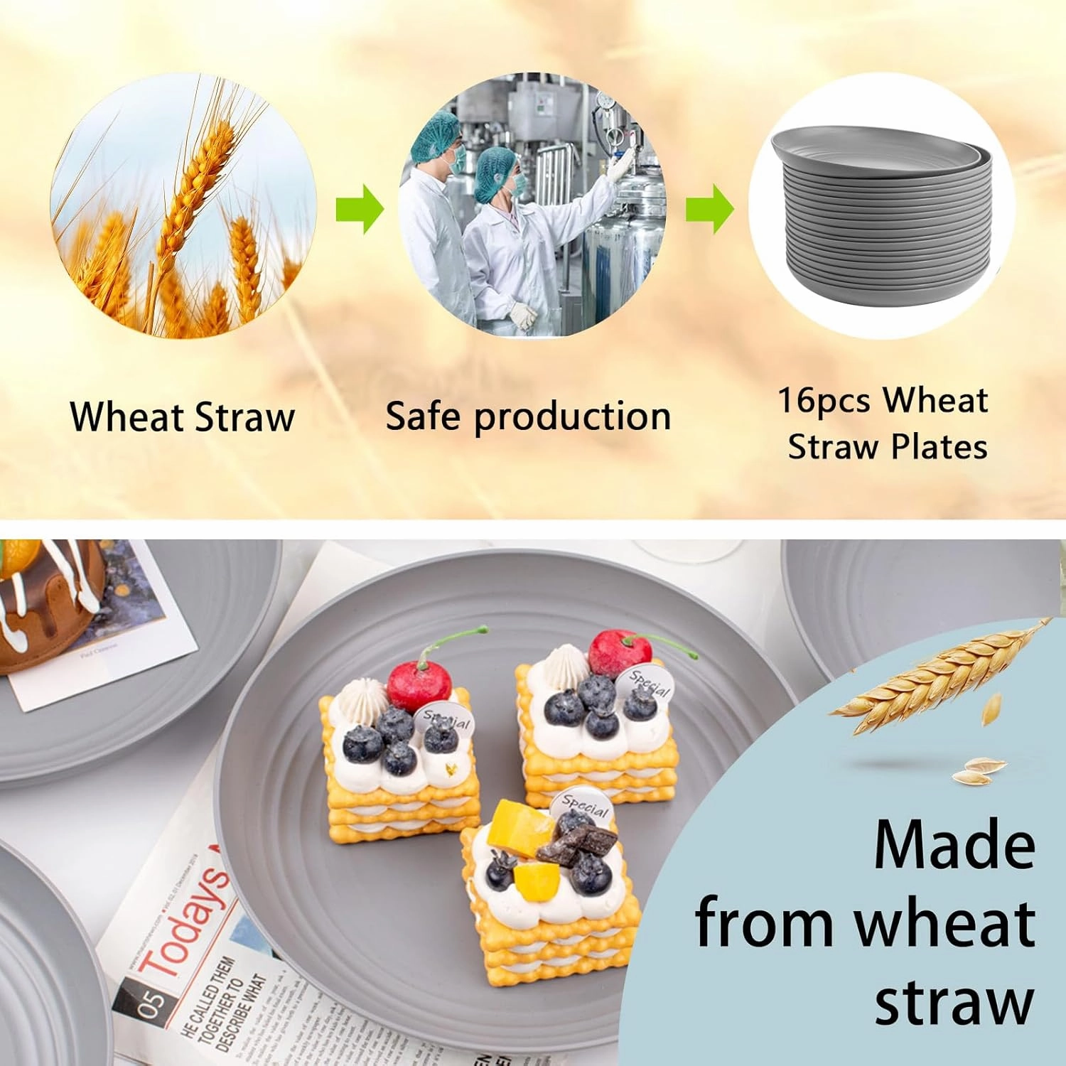 Supernal 16pcs Dark Grey Wheat Straw Plates,Deep Dinner Plastic Plates,Reusable Plates,10 inch Unbreakable Plates Set,Lightweight Microwave Dishwasher Safe,Plastic Plates for Picninc,Camping, RC366-1