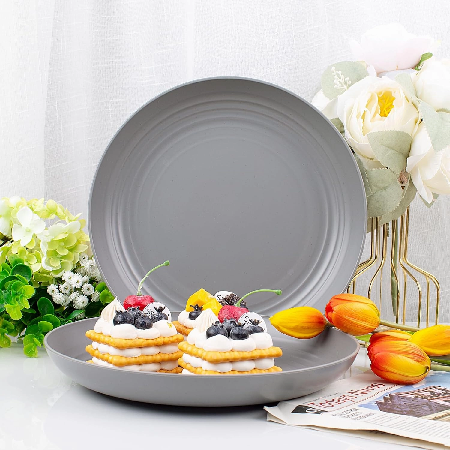Supernal 16pcs Dark Grey Wheat Straw Plates,Deep Dinner Plastic Plates,Reusable Plates,10 inch Unbreakable Plates Set,Lightweight Microwave Dishwasher Safe,Plastic Plates for Picninc,Camping, RC366-1