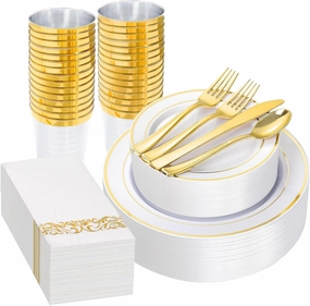 Supernal 200pcs Gold Plastic Dinnerware included Gold Plastic Silverware & Party Plates Disposable Cups and Napkins Disposable for Party,Birthday and Wedding Graduation Decorations 2025 Deals