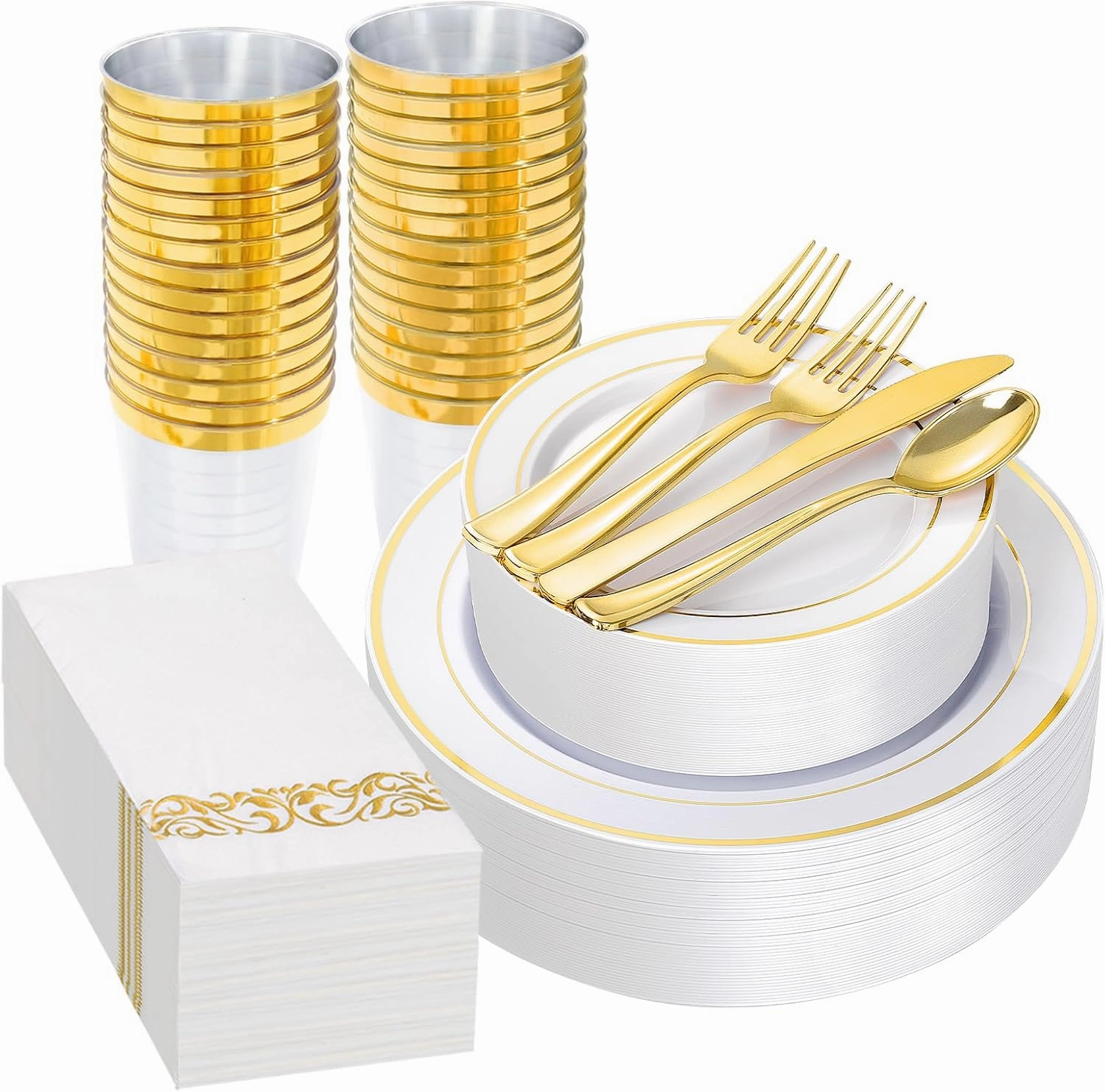 Supernal 200pcs Gold Plastic Dinnerware included Gold Plastic Silverware & Party Plates Disposable Cups and Napkins Disposable for Party,Birthday and Wedding Graduation Decorations 2025 Deals