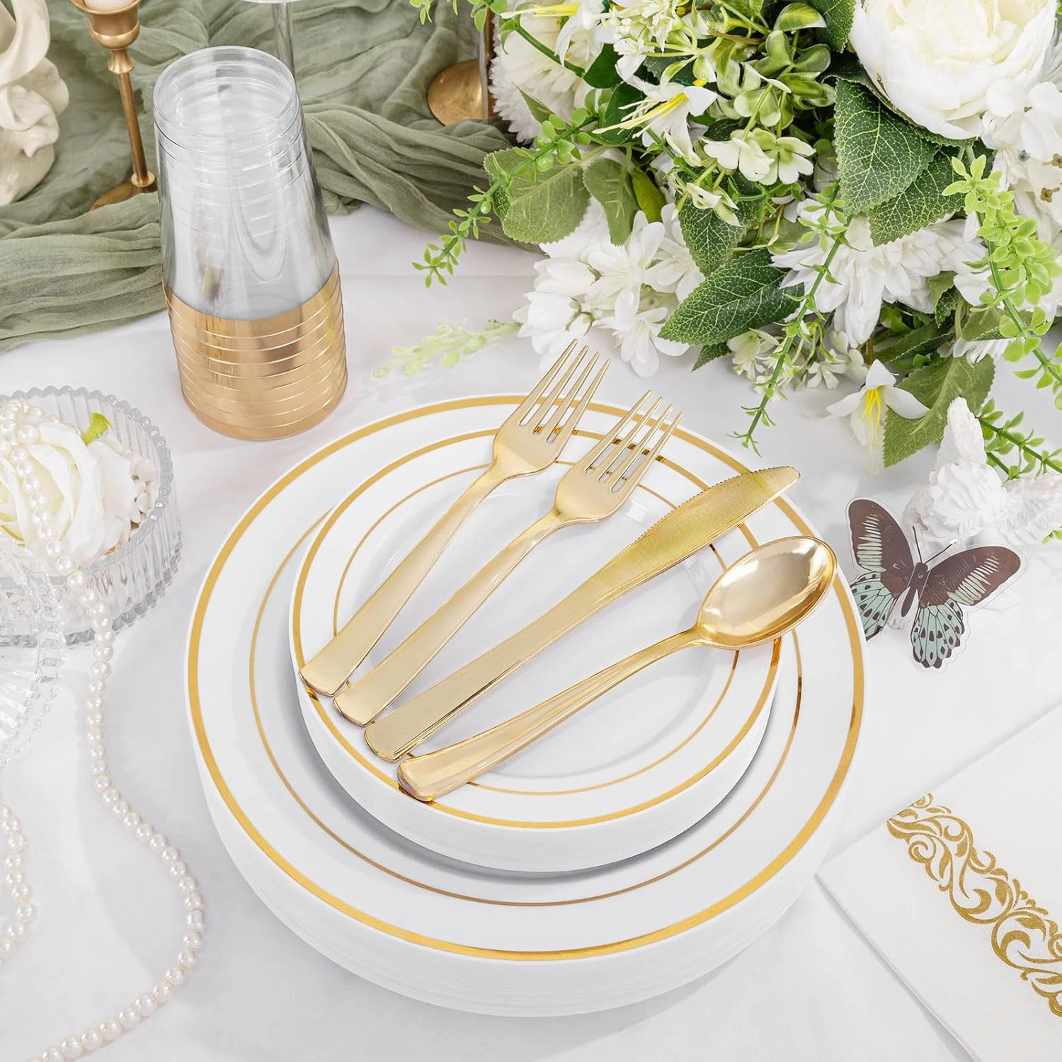 Supernal 200pcs Gold Plastic Dinnerware included Gold Plastic Silverware & Party Plates Disposable Cups and Napkins Disposable for Party,Birthday and Wedding Graduation Decorations 2025 Deals