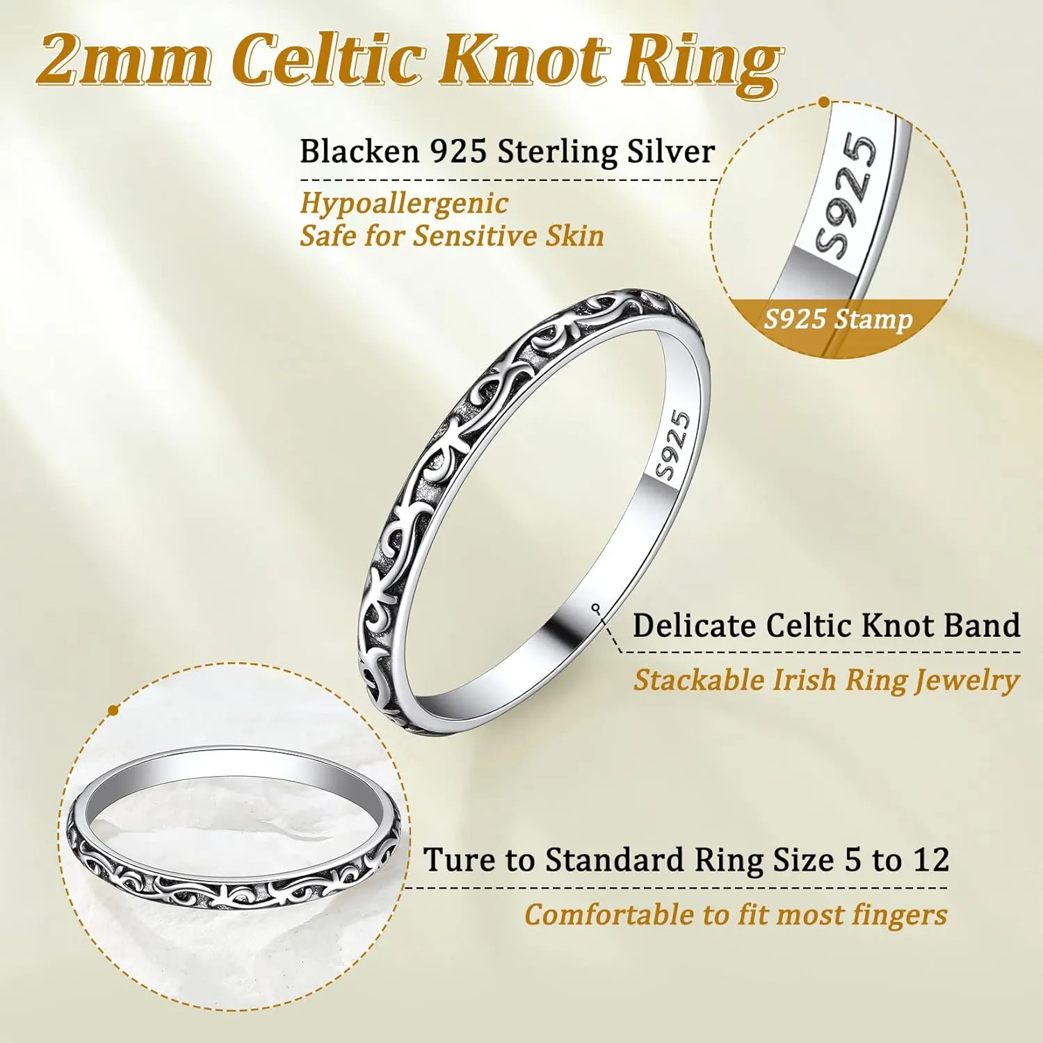 Suplight 925 Sterling Silver Celtic Knot/Evil Eye/Infinity Symbol Band Ring, 2MM 3MM Thin Vintage Finger Thumb Ring for Women (with Gift Box)