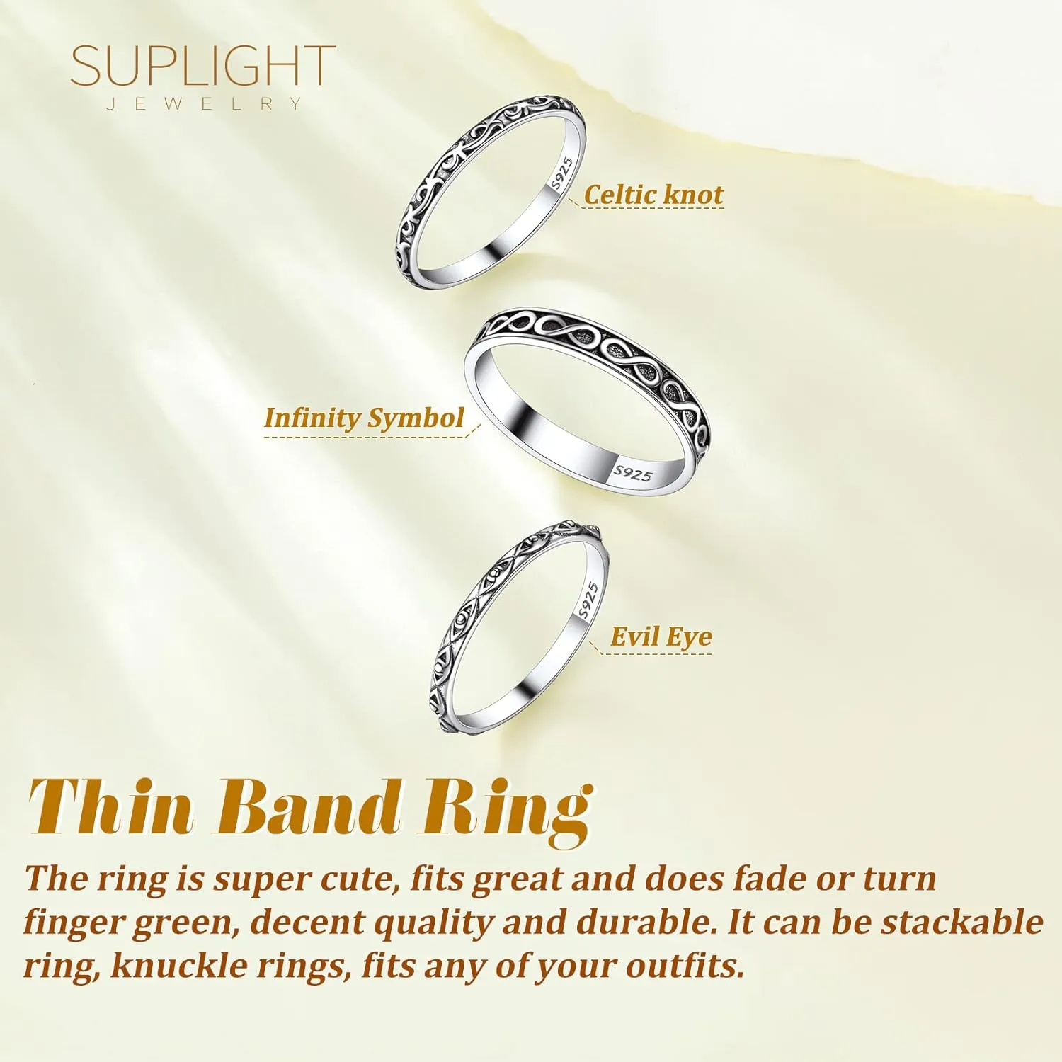 Suplight 925 Sterling Silver Celtic Knot/Evil Eye/Infinity Symbol Band Ring, 2MM 3MM Thin Vintage Finger Thumb Ring for Women (with Gift Box)