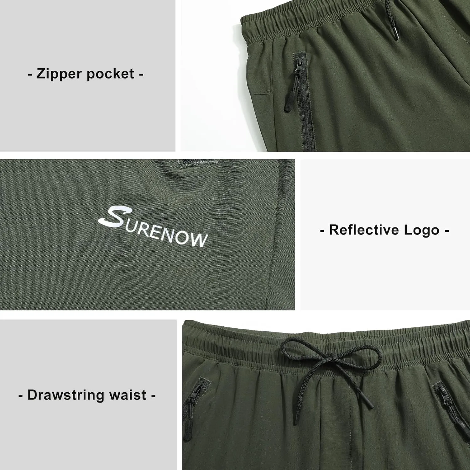 Surenow Men's Athletic Running Sweatpants Lightweight Stretch Jogger Track Pants Tapered Workout Gym Pants with Zipper Pocket