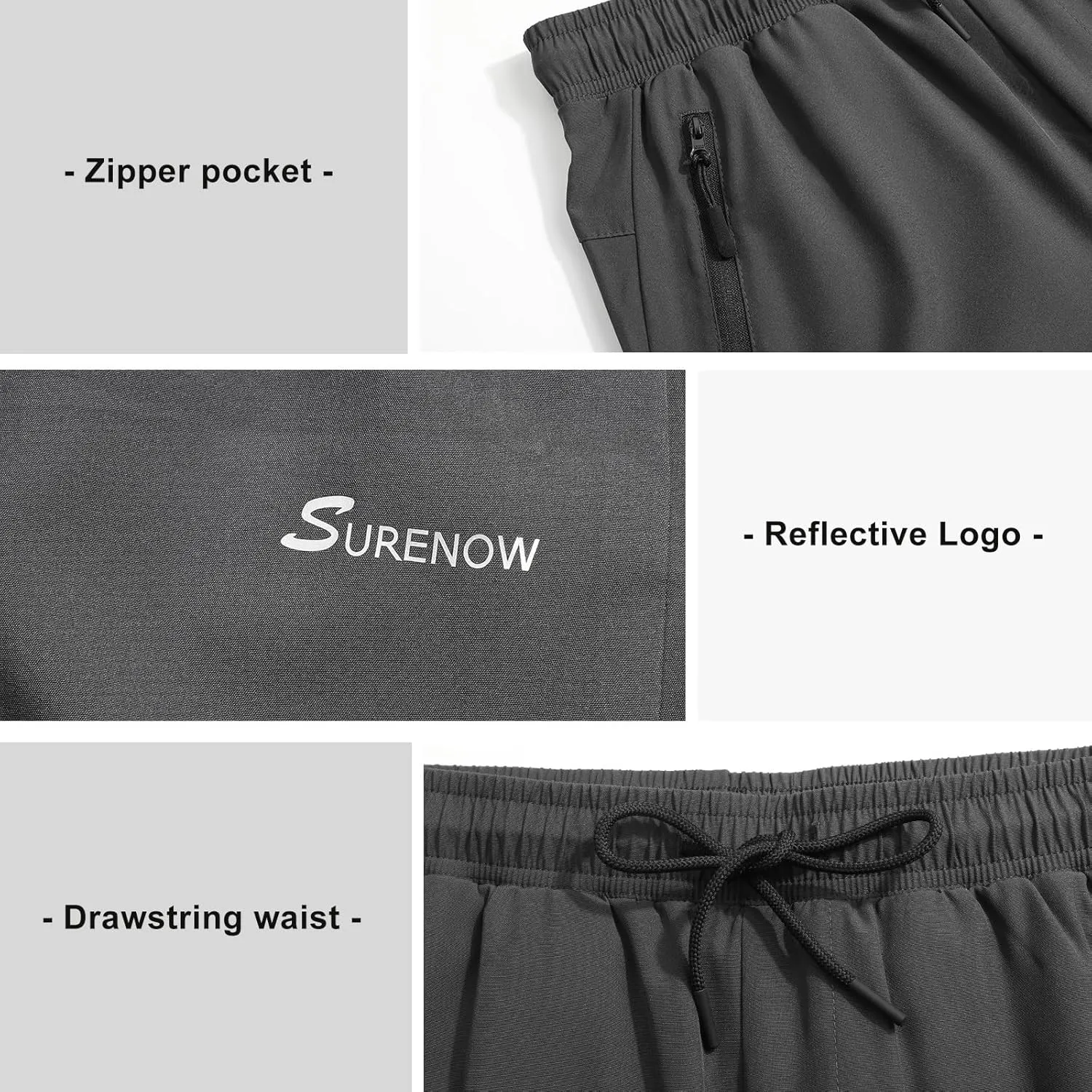 Surenow Men's Athletic Running Sweatpants Lightweight Stretch Jogger Track Pants Tapered Workout Gym Pants with Zipper Pocket