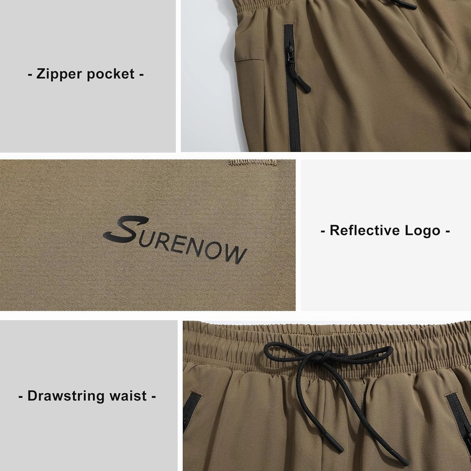 Surenow Men's Athletic Running Sweatpants Lightweight Stretch Jogger Track Pants Tapered Workout Gym Pants with Zipper Pocket