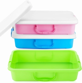 Suzile 3 Pcs Portable Sensory Bin Sand Tray with Lid, 15 Inch Colorful Plastic Sandbox Toy, Large Play Tray Fill with Sand, Water, Beads, and More, 3 Colors(Pink, Green, Blue)