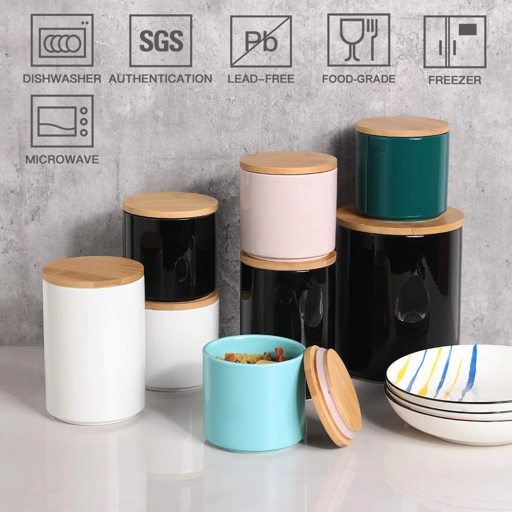 Sweejar Ceramic Kitchen Canister Sets, Heavy Food Storage Jars for Countertop with Airthight Seal Bamboo Lid, Servering for Sugar, Coffee Beans, Tea Leaves, Pack of 4（Turquoise）
