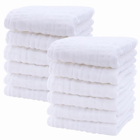 SWEET DOLPHIN 12 Pack Baby Muslin Washcloths - Soft Face Cloths for Newborn, Absorbent Bath Wash Cloths, Wipes, Burp Rag - Toddlers Essentials Stuff, Baby Registry as Shower -10"x10", White