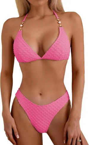 swimall Women's Triangle Bikini Set Cheeky High Cut Sexy Two Piece Swimsuit Cute Halter Bathing Suit