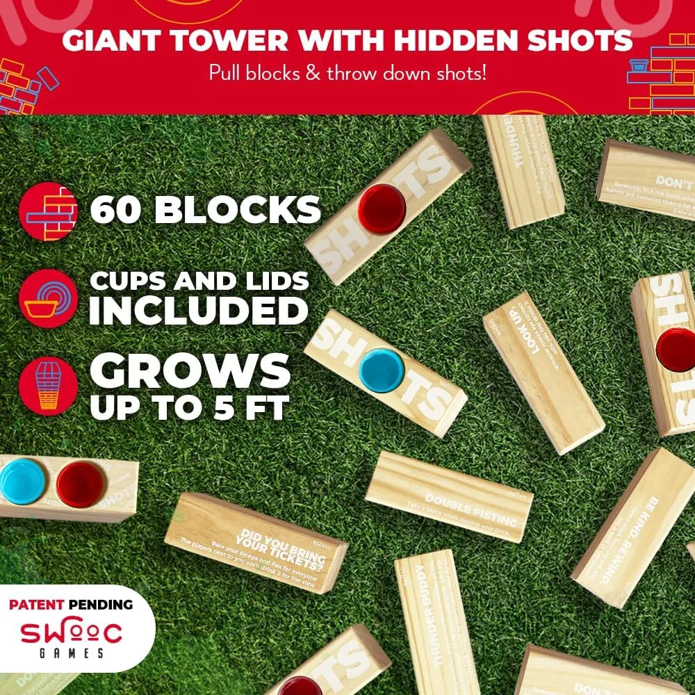 SWOOC Games - Giant Tower Party Game with Hidden Jello Shots - Includes Disposable Cups, Lids & Carrying Case - Stacks up to 5ft - Tipsy Topple Game for Adults - Giant Outdoor Games - Jumbo Bar Fun