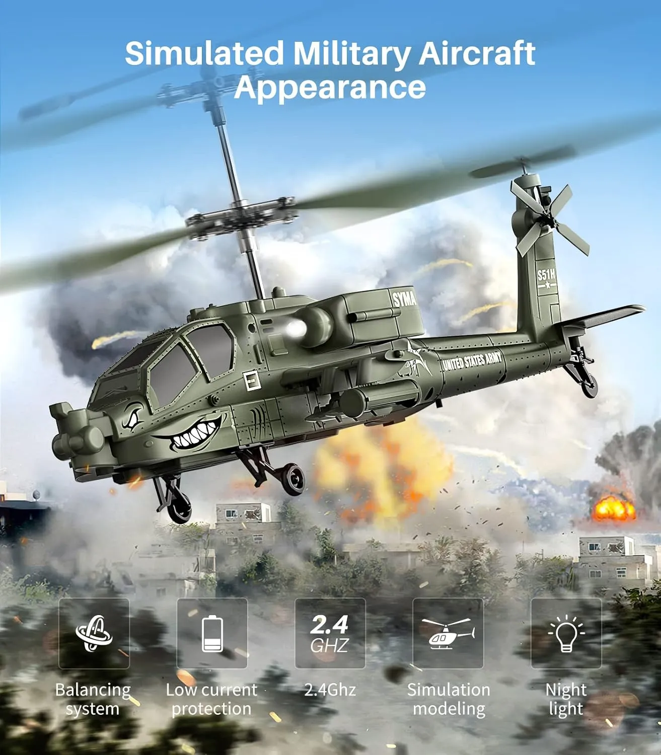 SYMA RC Helicopter, 2.4GHz Remote Control Helicopter with LED Lights & Altitude Hold, Army Helicopter Toy Ideal Gift for Kids Beginners