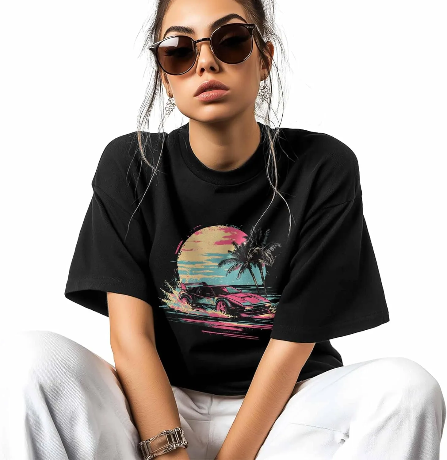 T-Shirts for Women Racing Car Palm Trees Sunset Women's Tops Crew Neck Short Sleeve Tees
