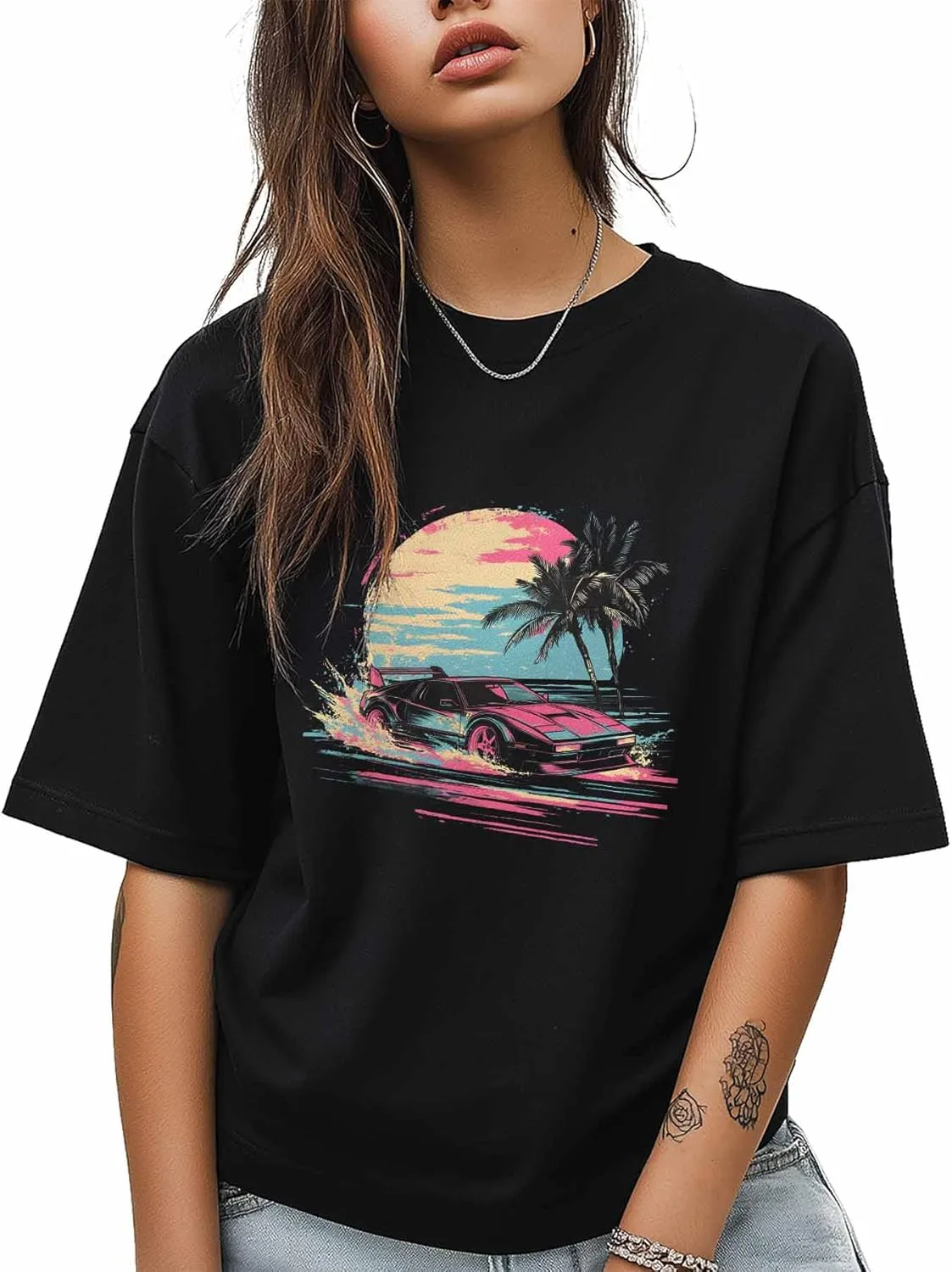 T-Shirts for Women Racing Car Palm Trees Sunset Women's Tops Crew Neck Short Sleeve Tees