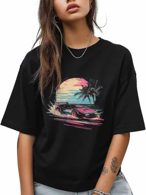 T-Shirts for Women Racing Car Palm Trees Sunset Women's Tops Crew Neck Short Sleeve Tees