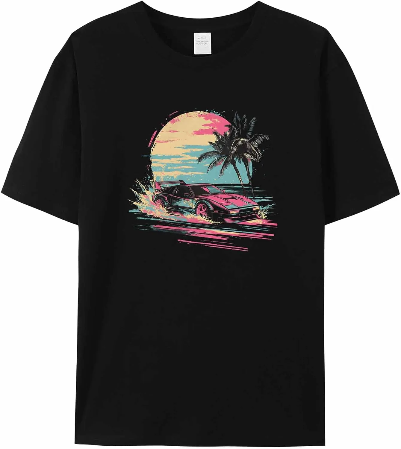 T-Shirts for Women Racing Car Palm Trees Sunset Women's Tops Crew Neck Short Sleeve Tees