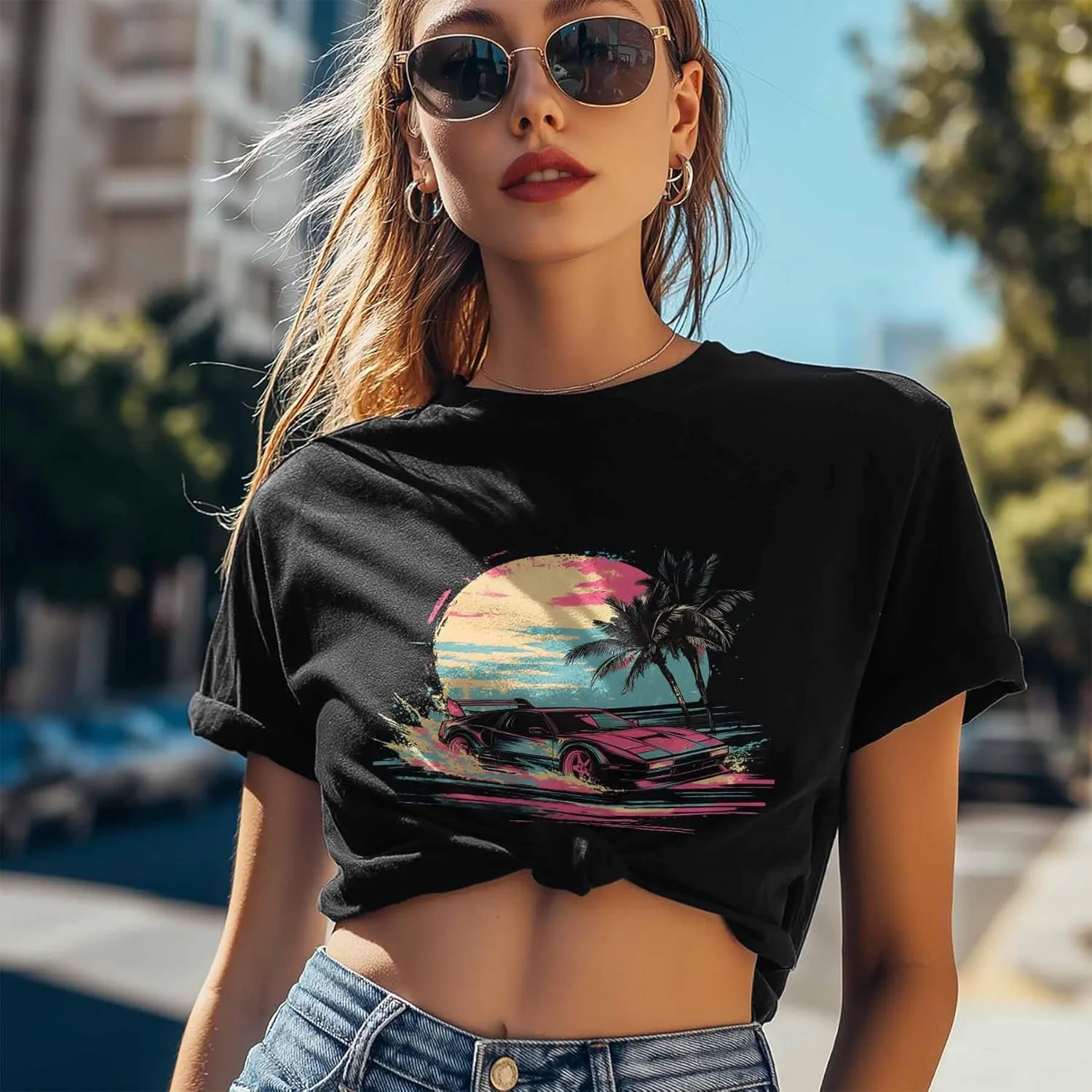 T-Shirts for Women Racing Car Palm Trees Sunset Women's Tops Crew Neck Short Sleeve Tees