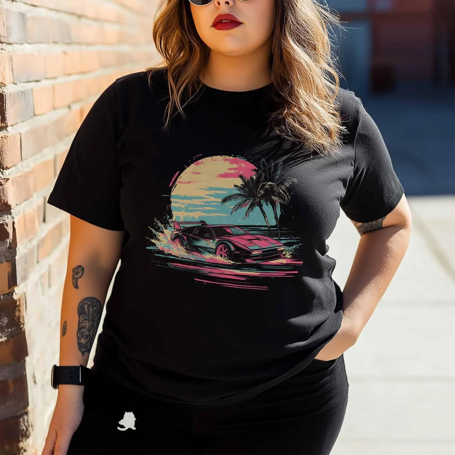 T-Shirts for Women Racing Car Palm Trees Sunset Women's Tops Crew Neck Short Sleeve Tees