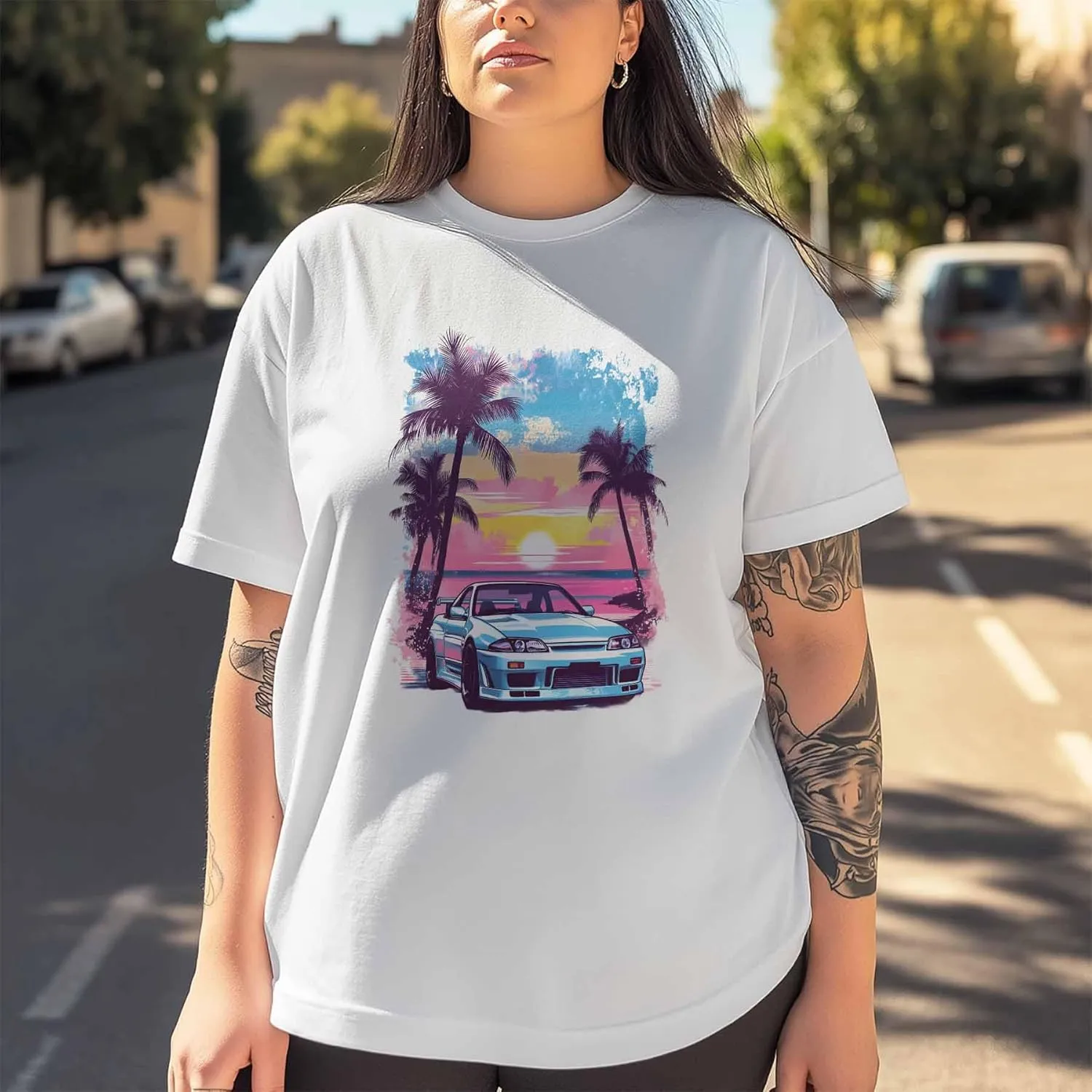 T-Shirts for Women Racing Car with Pink Sky Women's Tops Crew Neck Short Sleeve Tees