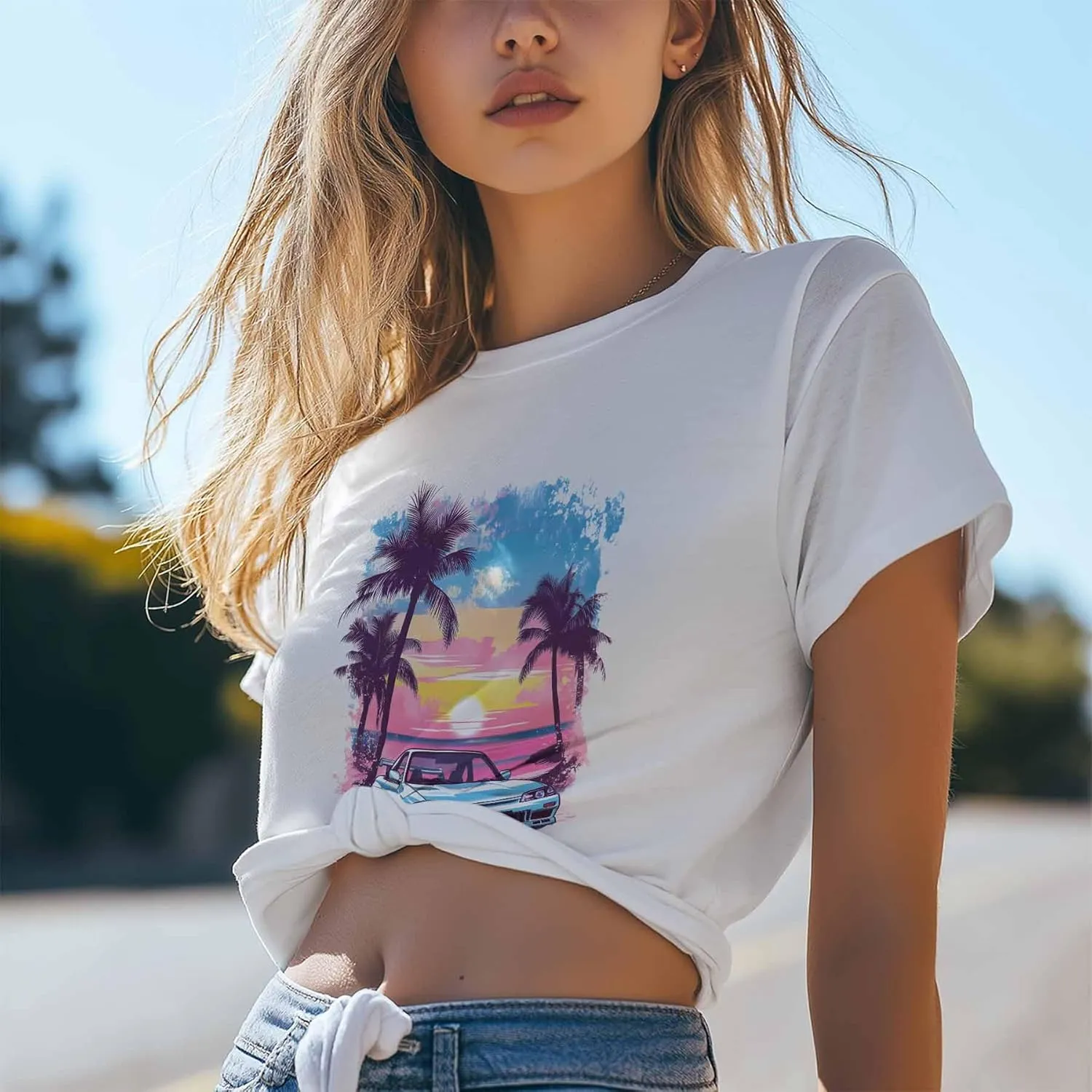 T-Shirts for Women Racing Car with Pink Sky Women's Tops Crew Neck Short Sleeve Tees