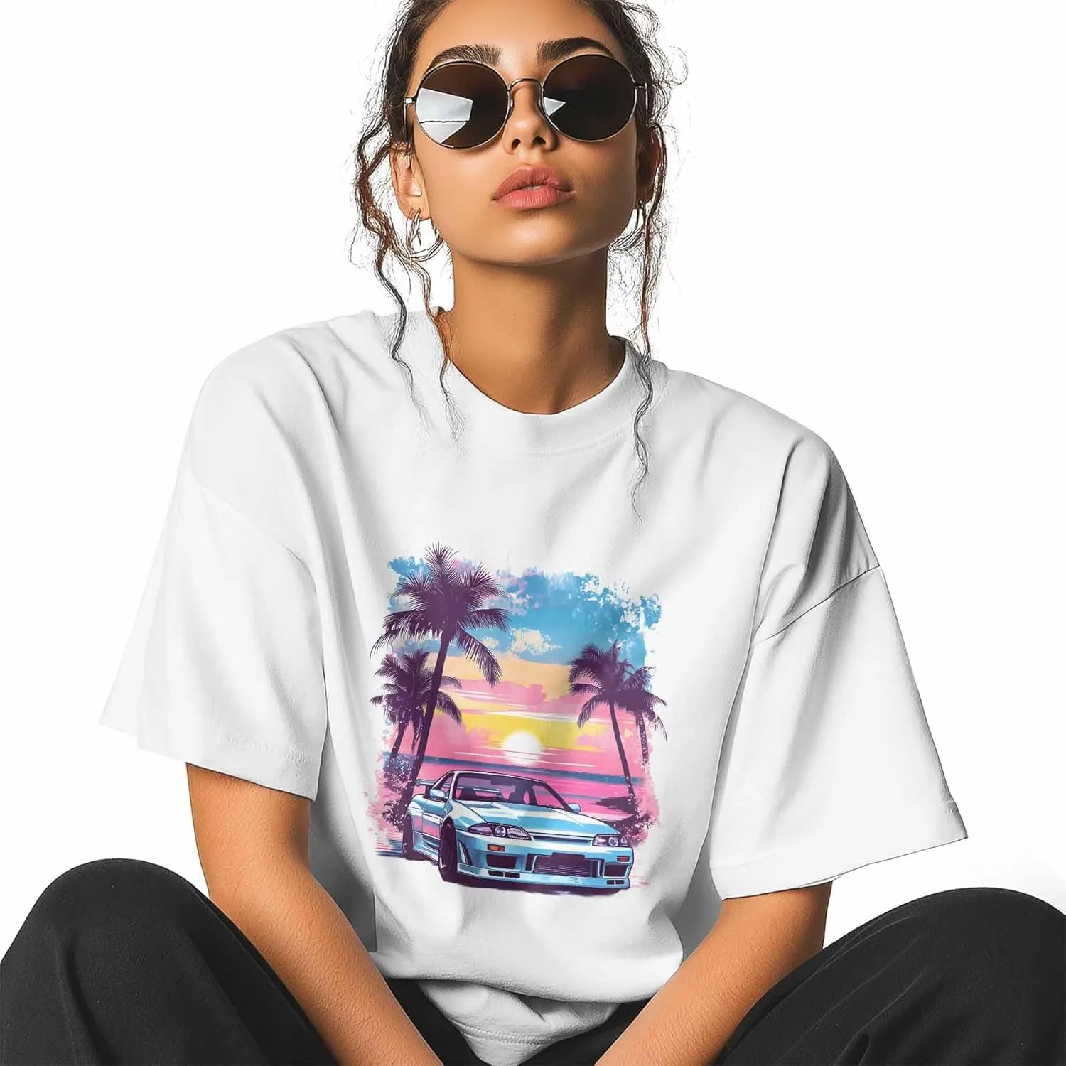 T-Shirts for Women Racing Car with Pink Sky Women's Tops Crew Neck Short Sleeve Tees
