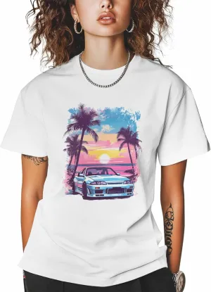 T-Shirts for Women Racing Car with Pink Sky Women's Tops Crew Neck Short Sleeve Tees