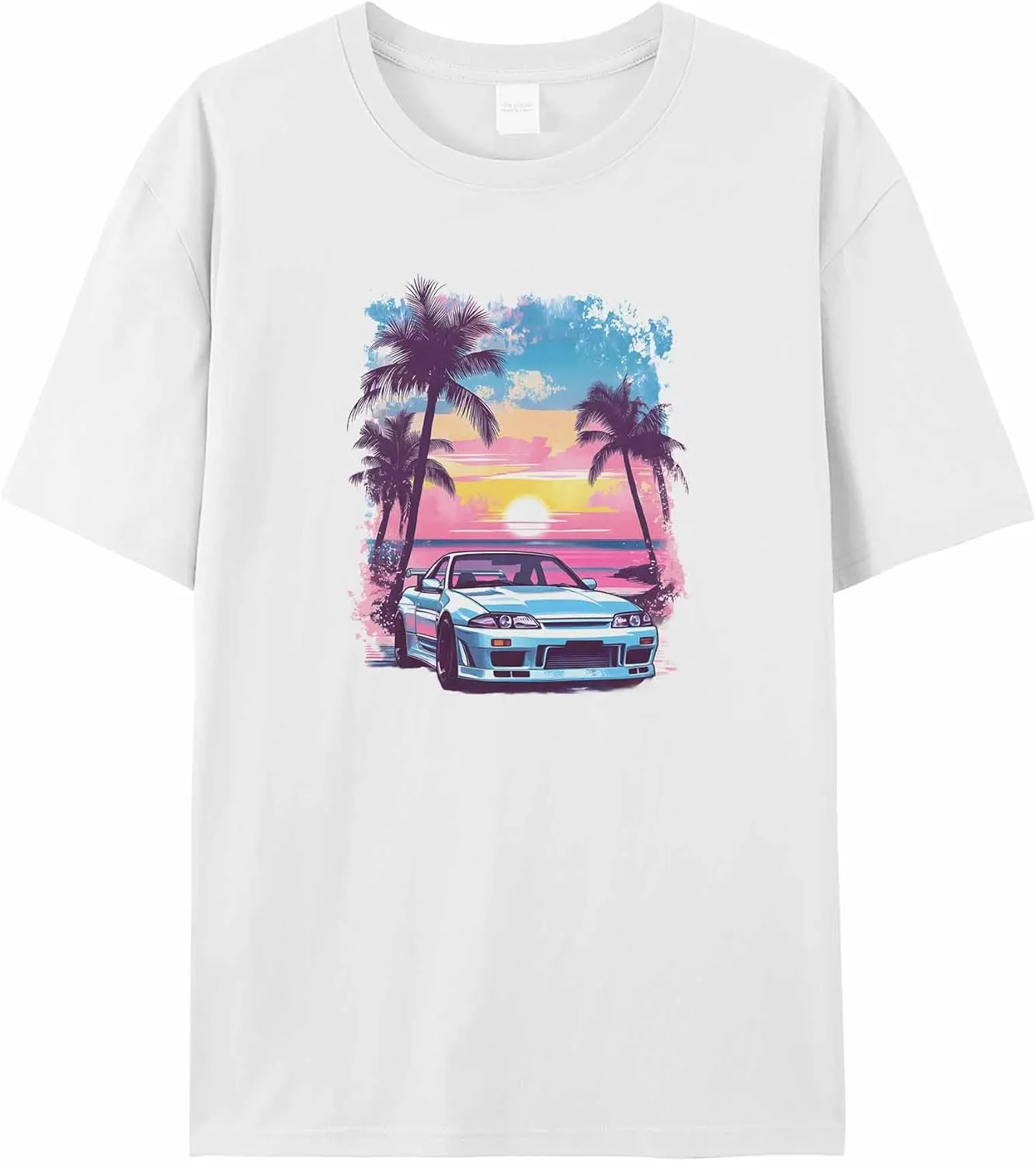 T-Shirts for Women Racing Car with Pink Sky Women's Tops Crew Neck Short Sleeve Tees