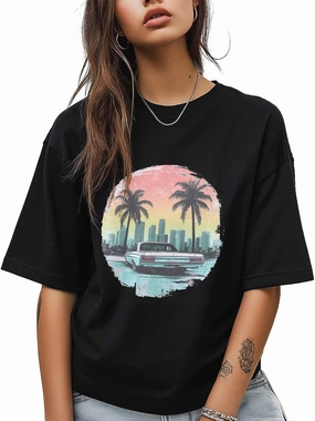T-Shirts for Women Car Palm Trees City Scenery Women's Tops Crew Neck Short Sleeve Tees