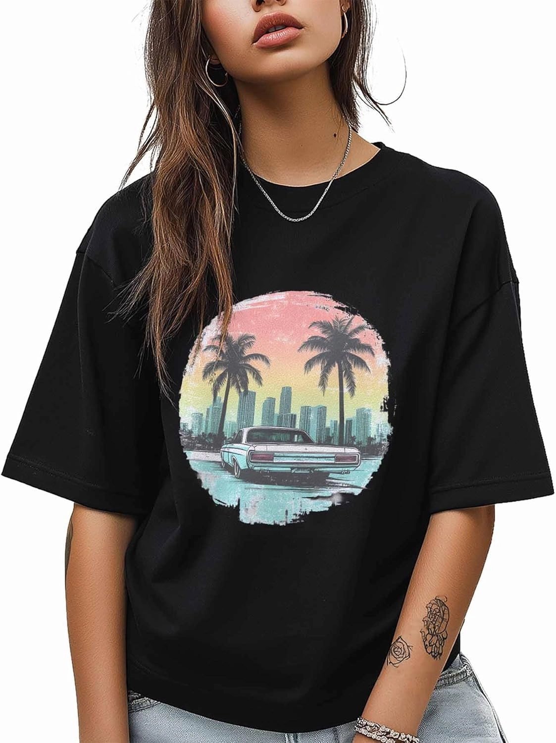 T-Shirts for Women Car Palm Trees City Scenery Women's Tops Crew Neck Short Sleeve Tees