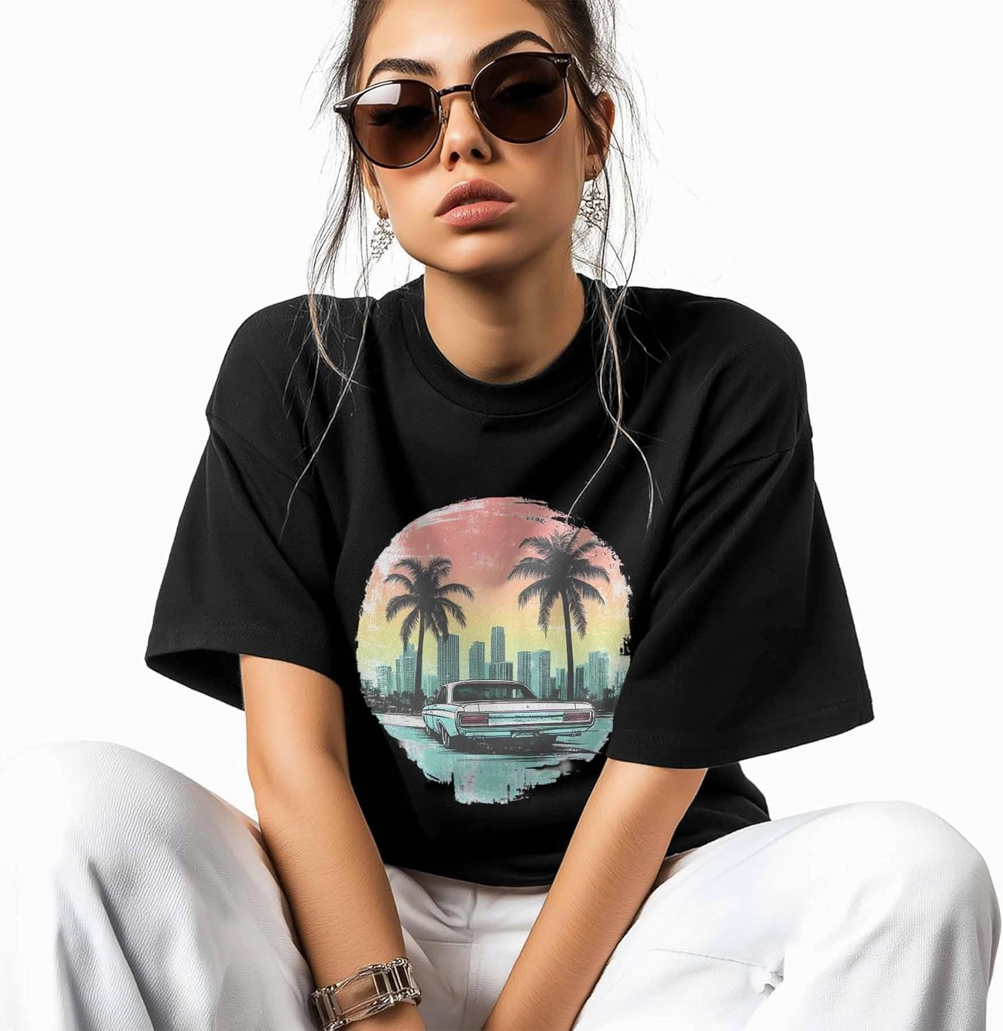 T-Shirts for Women Car Palm Trees City Scenery Women's Tops Crew Neck Short Sleeve Tees