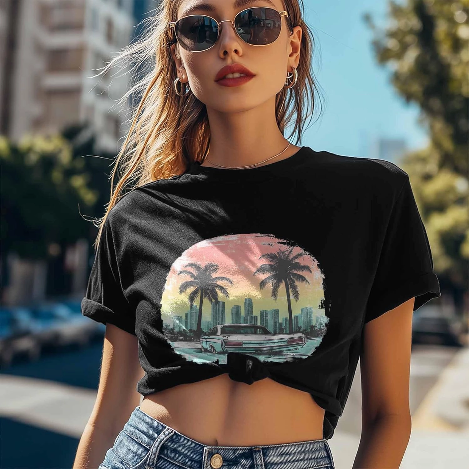 T-Shirts for Women Car Palm Trees City Scenery Women's Tops Crew Neck Short Sleeve Tees
