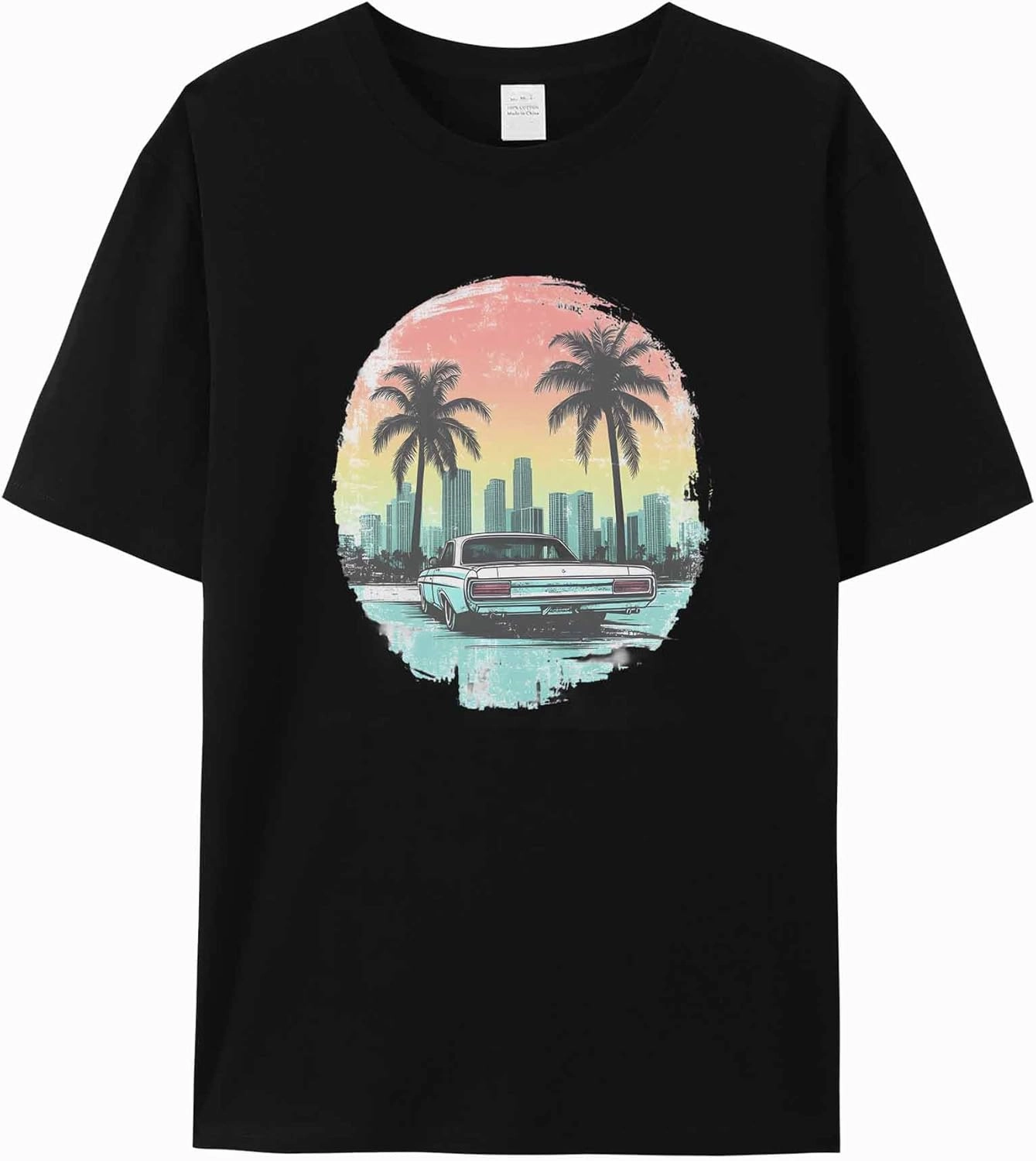 T-Shirts for Women Car Palm Trees City Scenery Women's Tops Crew Neck Short Sleeve Tees