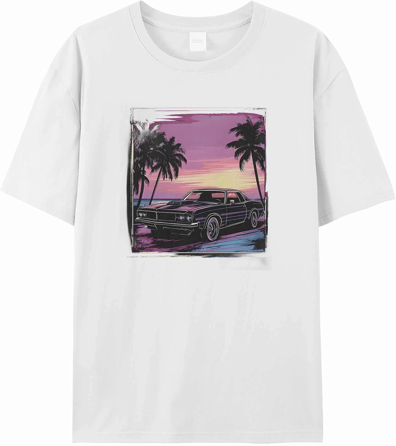 T-Shirts for Women Old Car Palm Trees Sunset Women's Tops Crew Neck Short Sleeve Tees