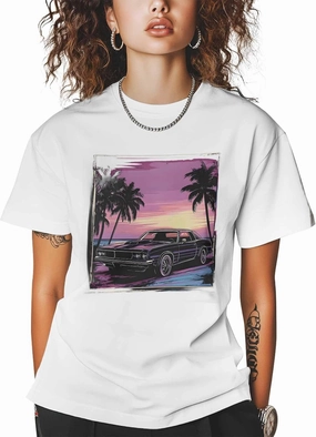 T-Shirts for Women Old Car Palm Trees Sunset Women's Tops Crew Neck Short Sleeve Tees