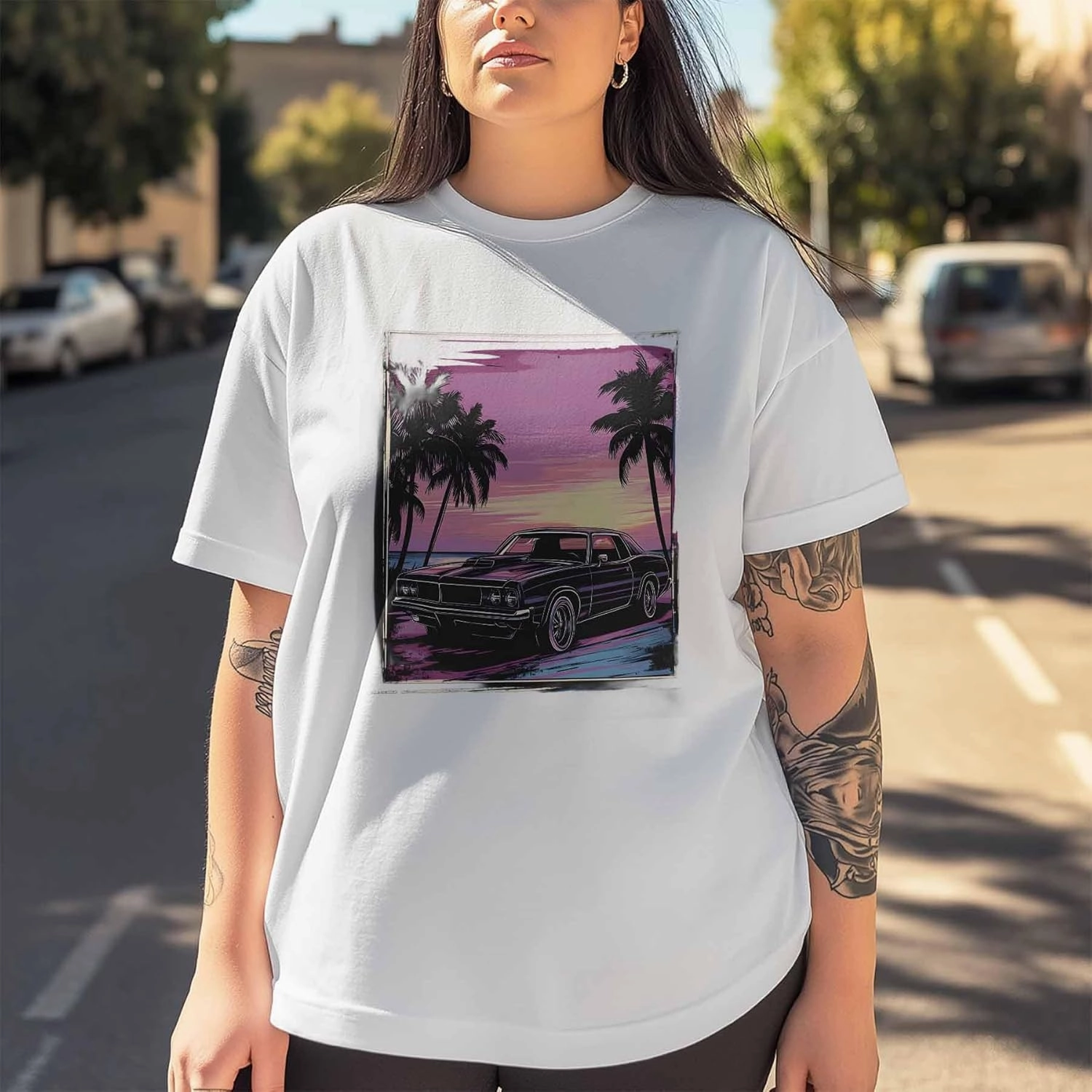 T-Shirts for Women Old Car Palm Trees Sunset Women's Tops Crew Neck Short Sleeve Tees