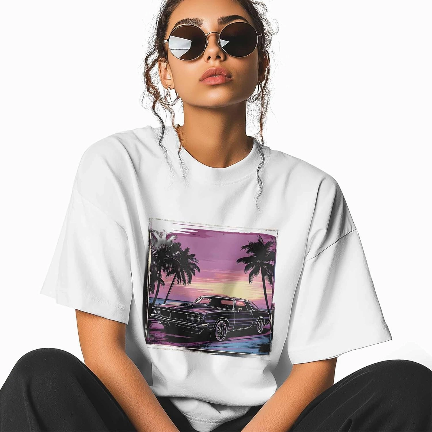 T-Shirts for Women Old Car Palm Trees Sunset Women's Tops Crew Neck Short Sleeve Tees