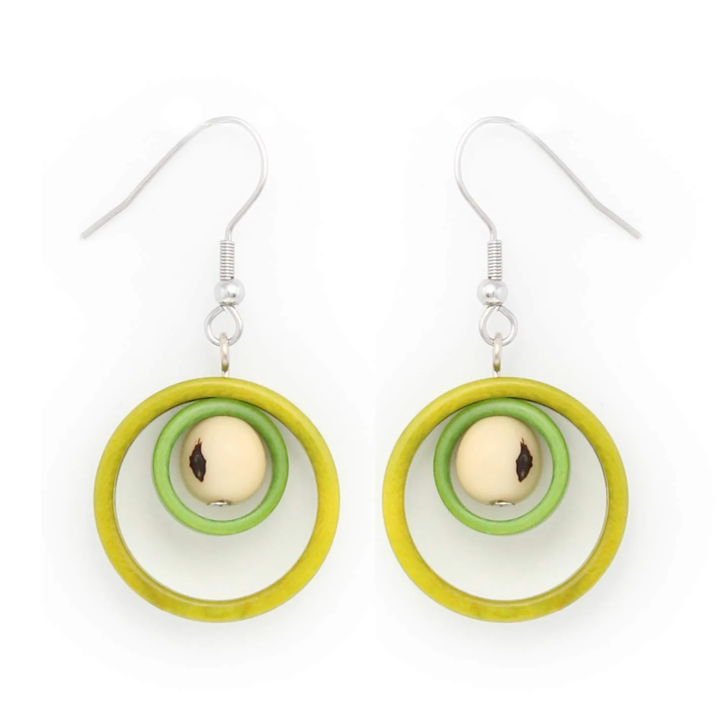 Tagua Nut Earrings Loops in Green and White, Handmade Fairtrade, Lightweight by Florama Natural Jewelry