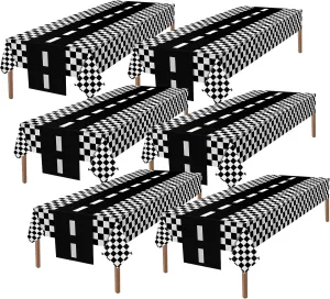 Tallew Checkered Car Party Supplies Disposable Tablecloth Plastic Table Cover Black and White Checkered Race Table Runner for Racing Birthday Party Decor Favor Supplies (Black, White,12 Pcs)