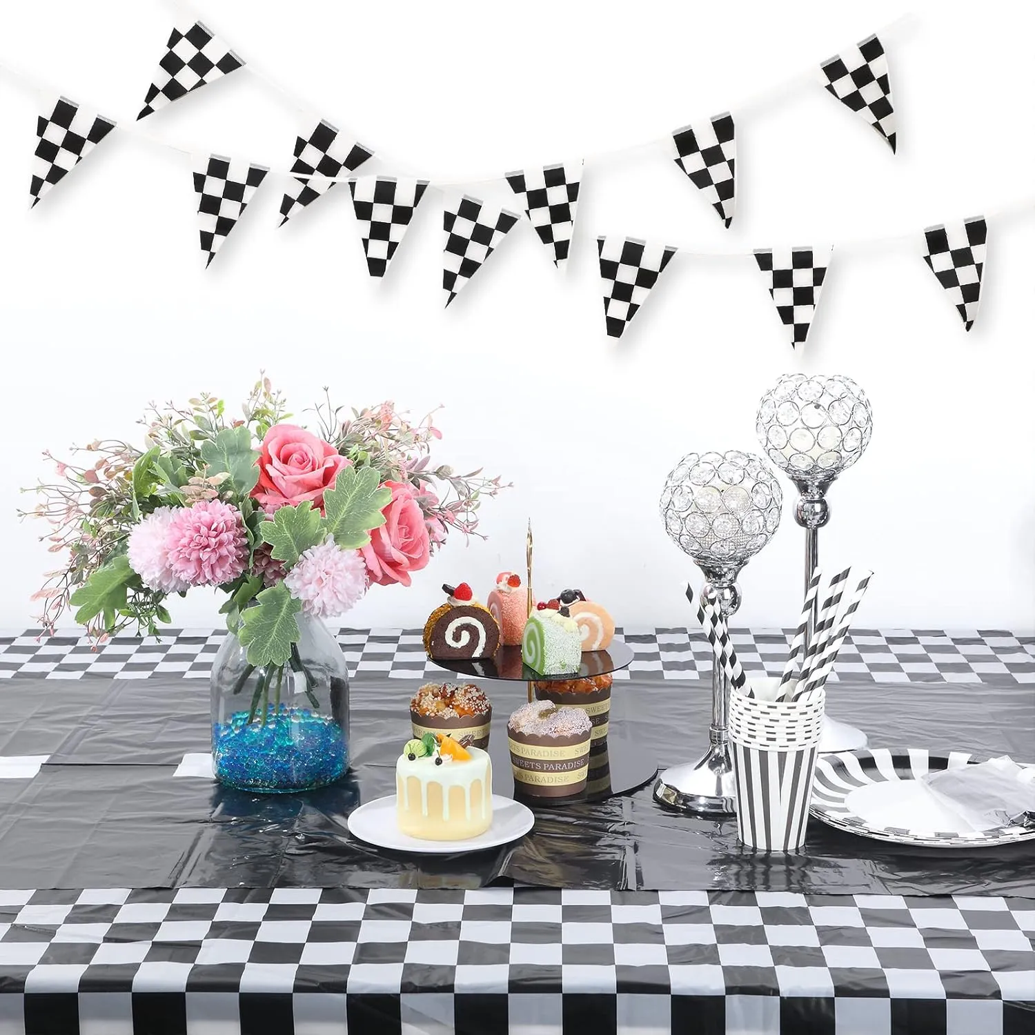 Tallew Checkered Car Party Supplies Disposable Tablecloth Plastic Table Cover Black and White Checkered Race Table Runner for Racing Birthday Party Decor Favor Supplies (Black, White,12 Pcs)