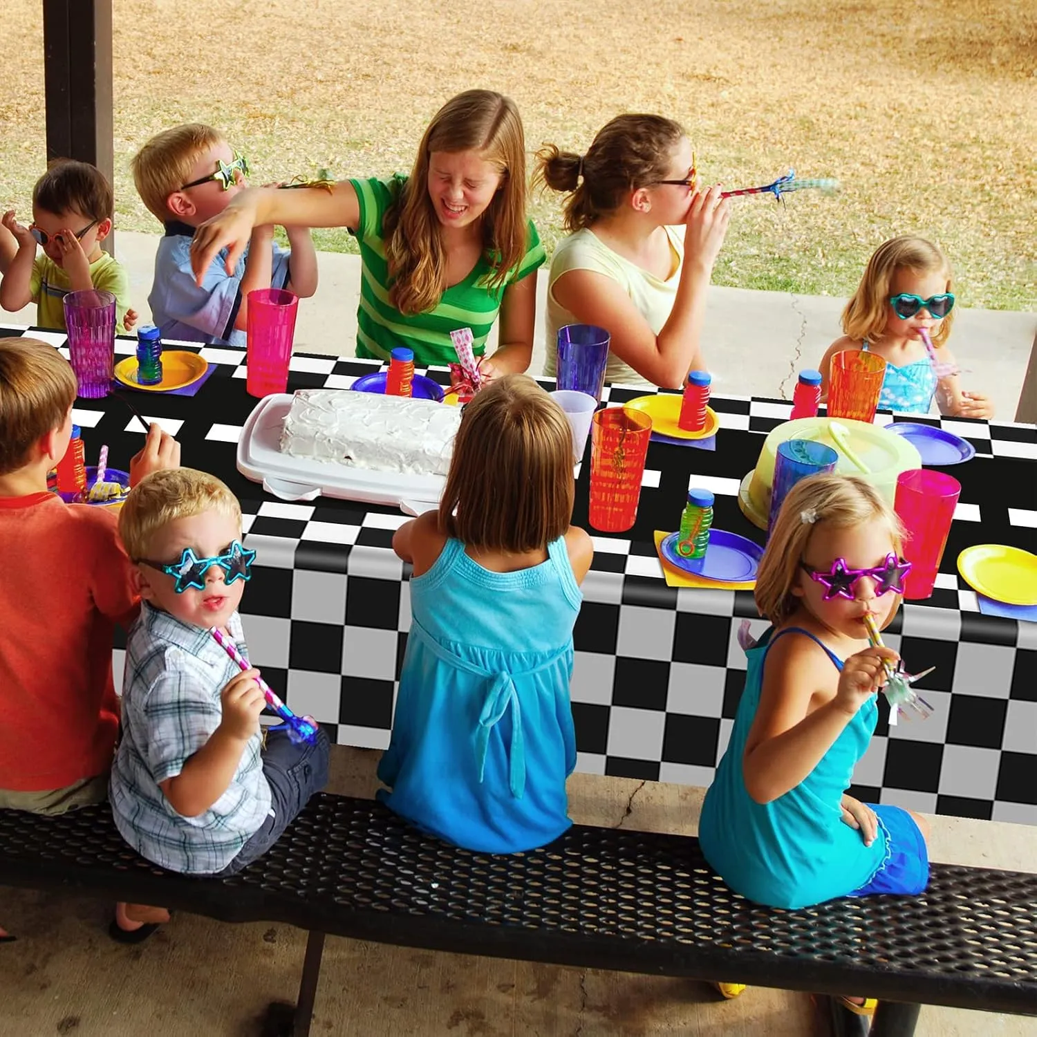 Tallew Checkered Car Party Supplies Disposable Tablecloth Plastic Table Cover Black and White Checkered Race Table Runner for Racing Birthday Party Decor Favor Supplies (Black, White,12 Pcs)