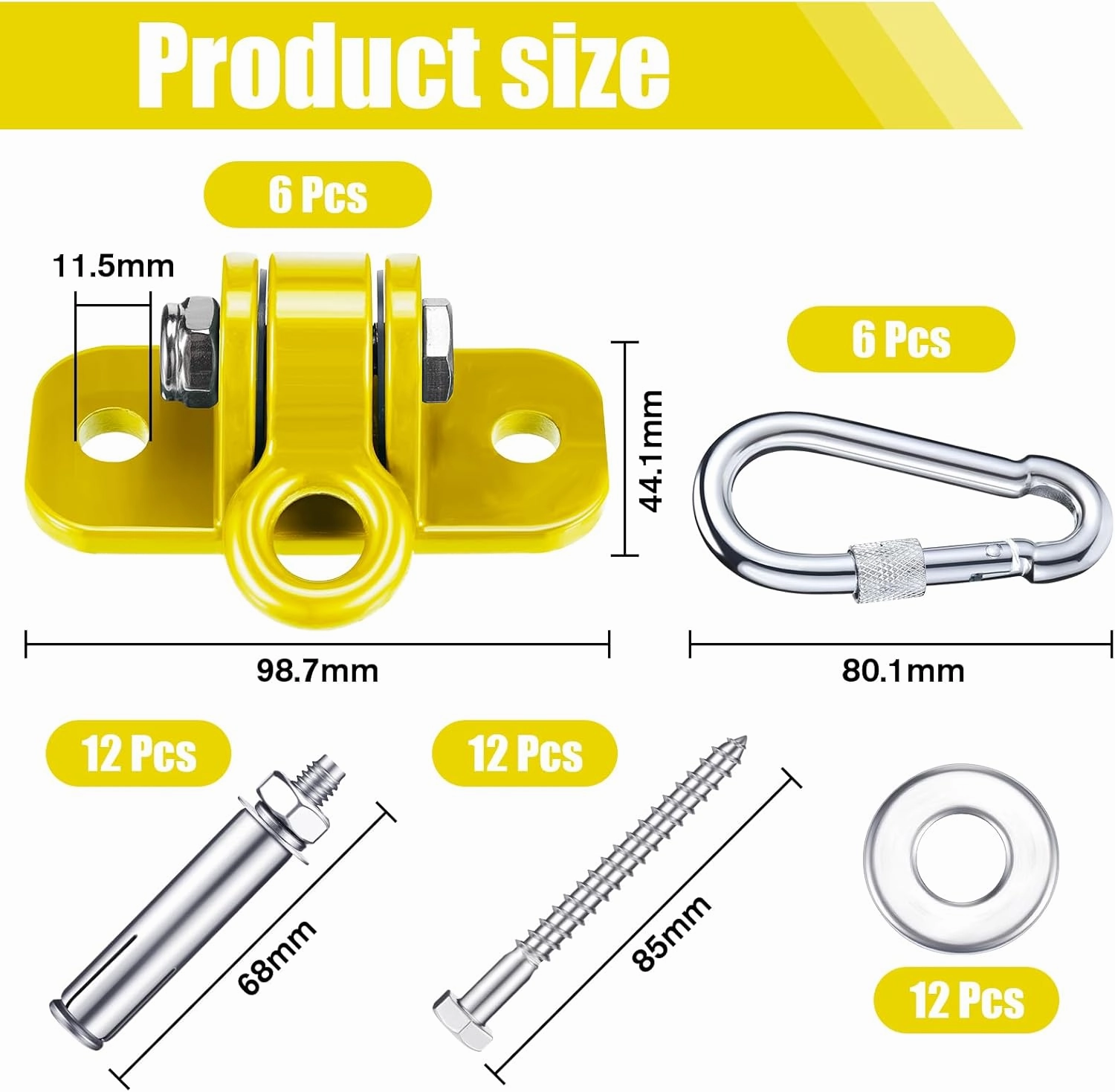Tandefio 6 Sets of Robust Swing Hangers for Wooden Concrete Set with Swing Hook Screw Bolt Washer Swingset Accessory for Porch Patio Yoga Indoor Outdoor,Over 1800 lb Capacity (Yellow)