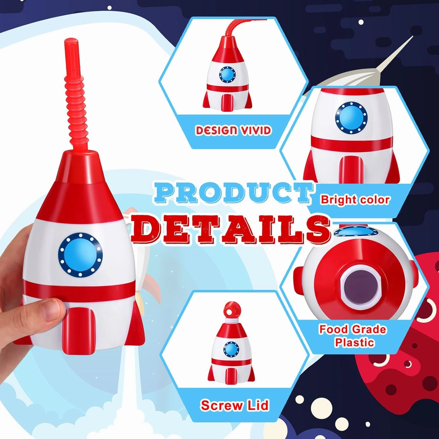 Tanlade Space Cups Bulk Plastic Rocket Shape Cups Rocket Bottles with Straws Universe Themed Party Favor Gift Supplies, Reusable Outer Space Party Favor for Kids Birthday(Red Color,12 Set)