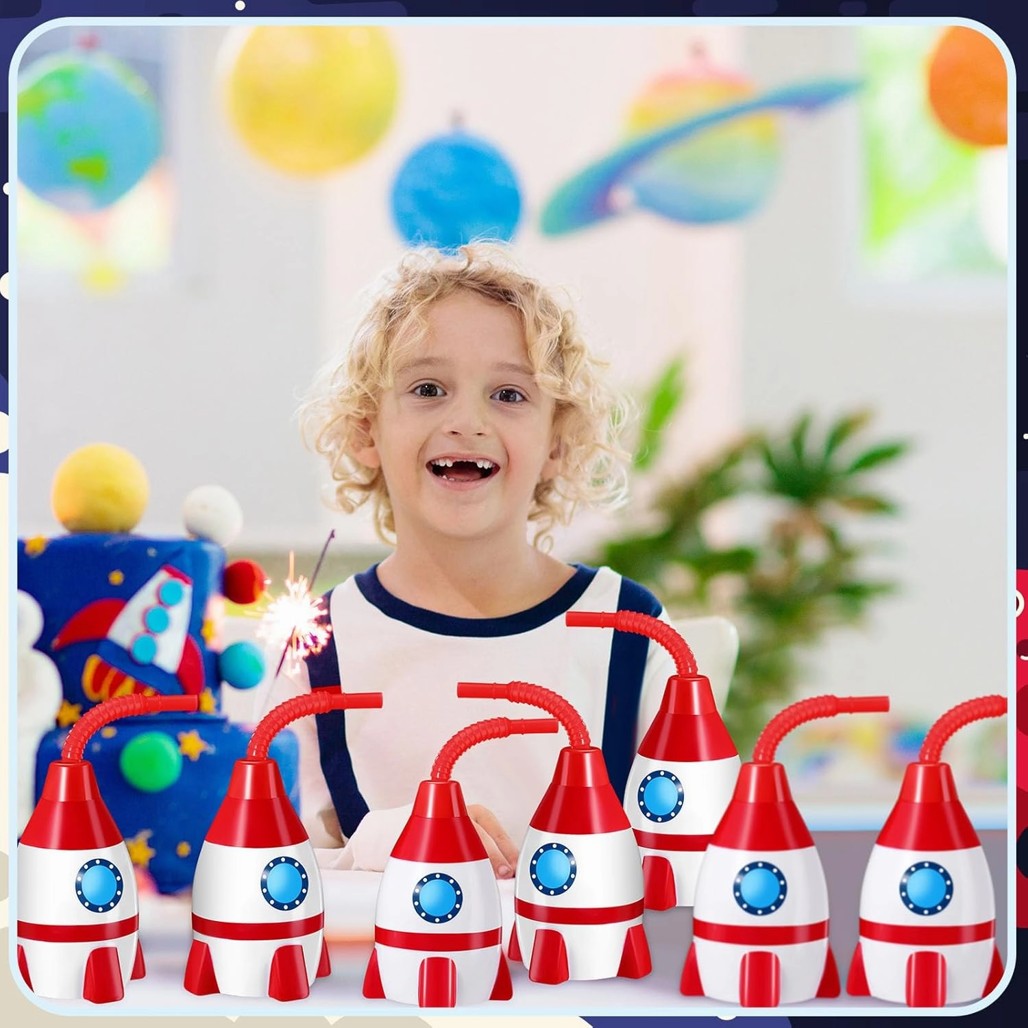 Tanlade Space Cups Bulk Plastic Rocket Shape Cups Rocket Bottles with Straws Universe Themed Party Favor Gift Supplies, Reusable Outer Space Party Favor for Kids Birthday(Red Color,12 Set)