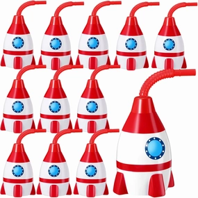 Tanlade Space Cups Bulk Plastic Rocket Shape Cups Rocket Bottles with Straws Universe Themed Party Favor Gift Supplies, Reusable Outer Space Party Favor for Kids Birthday(Red Color,12 Set)