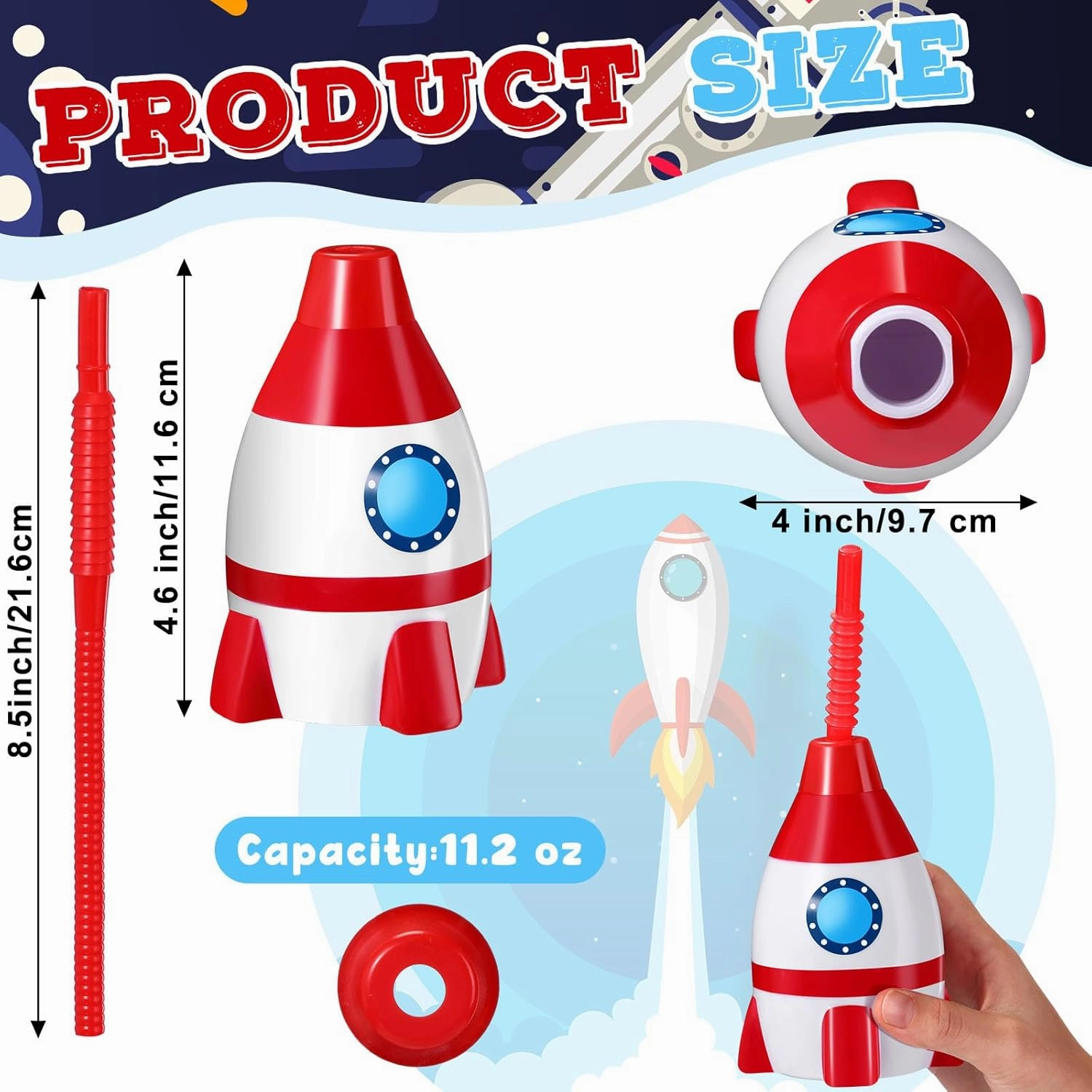 Tanlade Space Cups Bulk Plastic Rocket Shape Cups Rocket Bottles with Straws Universe Themed Party Favor Gift Supplies, Reusable Outer Space Party Favor for Kids Birthday(Red Color,12 Set)