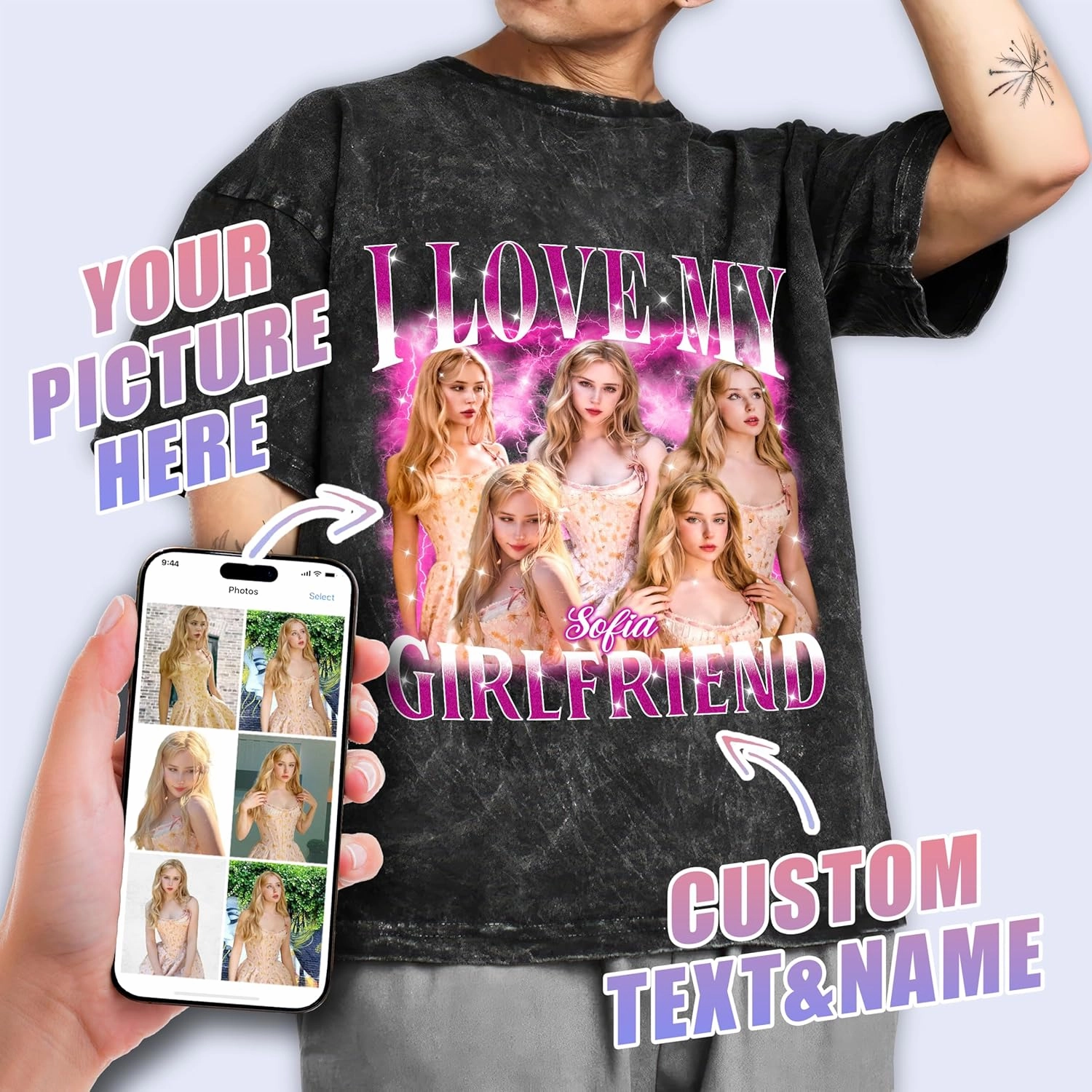 Tehg & Tuhg Custom Your Photo T Shirts Bootleg Tee Rap for Girlfriend Boyfriend, Custom Face Shirt Gifts for Him Her Birthday